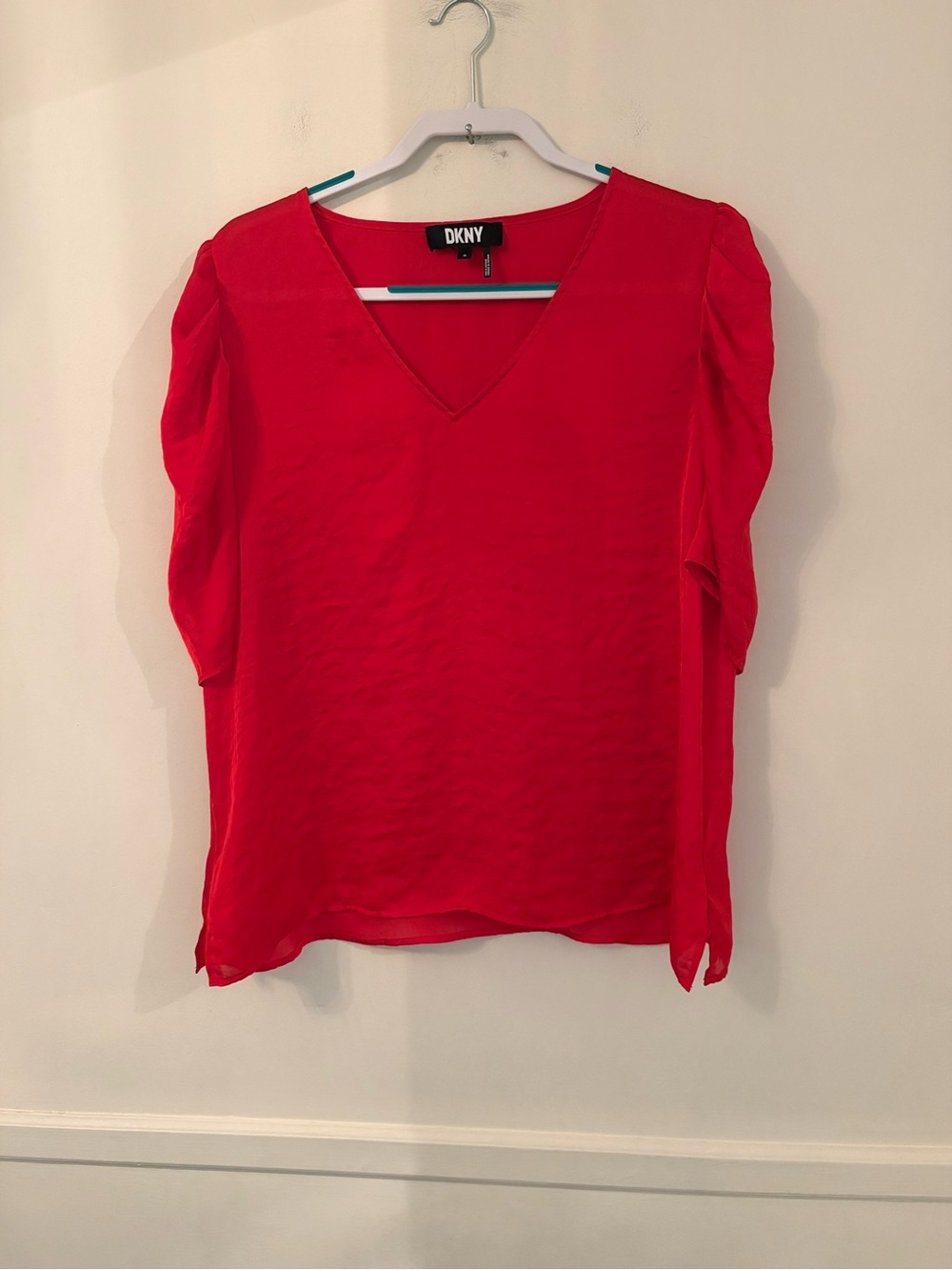 DKNY Red Solid V-Neck 3/4 Puff Sleeve Pullover Blouse Top Size XL